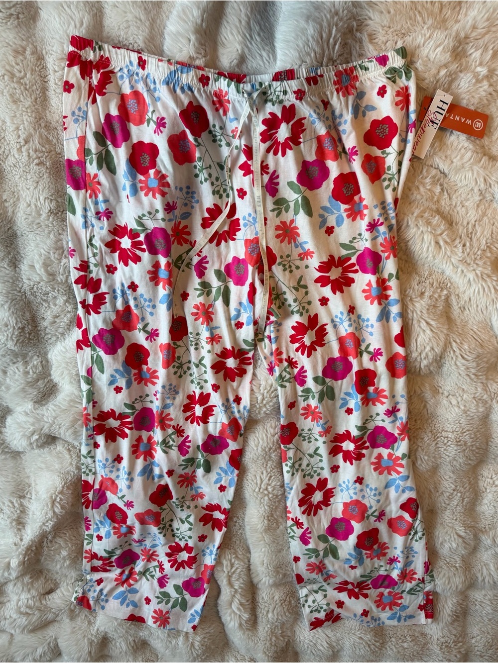 NWT HUE Floral Pajama Lounge Pants 1X White Red Pink Cotton Rayon
